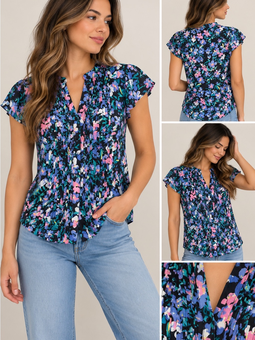 Simply Styled Navy Floral Pleated Cap-Sleeve Blouse